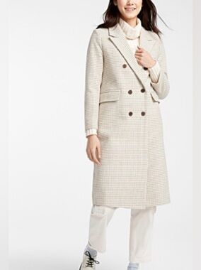 Double-Breasted Houndstooth Long Coat - Beige